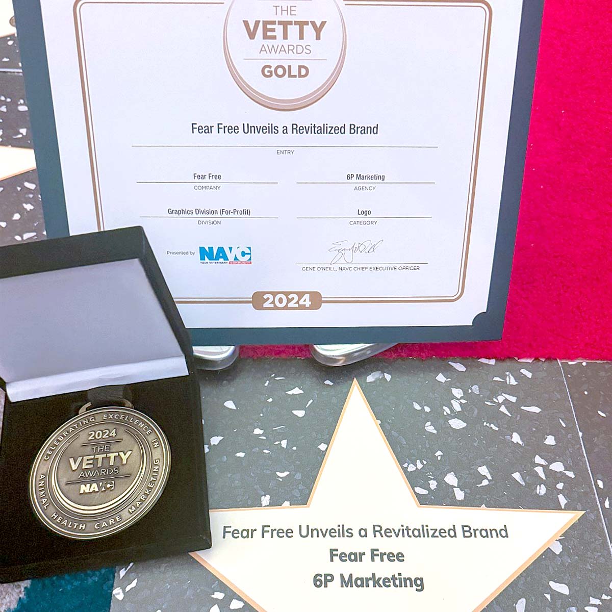 A certificate and award from The Vetty Awards given to Fear Free and 6P Marketing for the revitalization of the Fear Free branding.