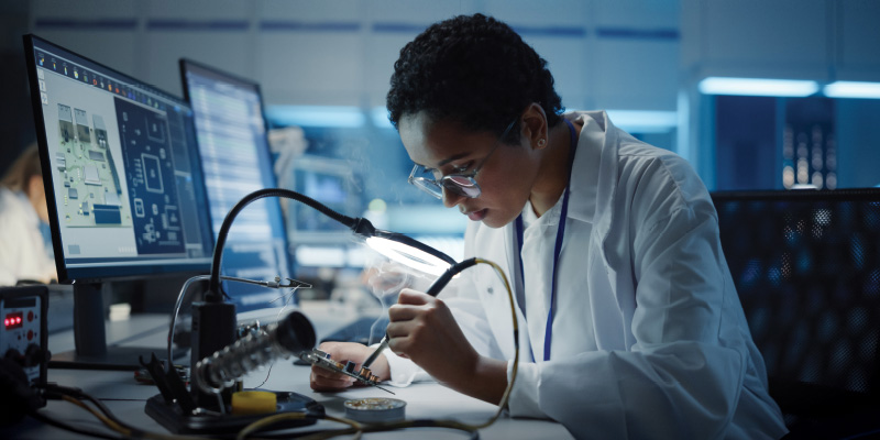 A young woman is using a soldering iron on a chip board in a technology lab